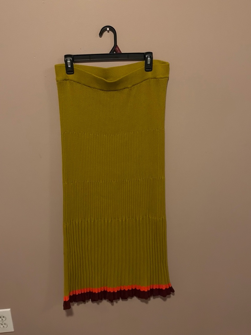 dolan Olive Green Ribbed Midi Skirt with Red and Pink Contrast Hem